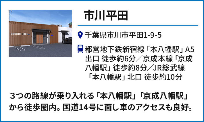 【市川平田】千葉県市川市平田1-9-5 都営地下鉄新宿線「本八幡駅」A5出口 徒歩約6分、京成本線「京成八幡駅」徒歩約8分、JR総武線「本八幡駅」北口 徒歩約10分／３つの路線が乗り入れる「本八幡駅」「京成八幡駅」から徒歩圏内。国道14号に面し車のアクセスも良好。
