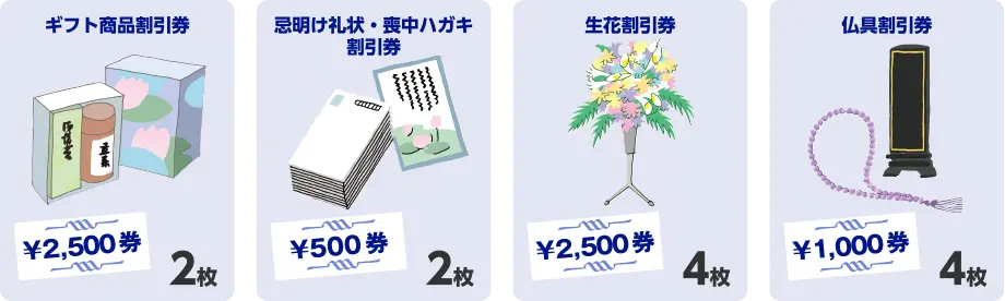 ギフト商品割引券2枚、忌明け礼状・喪中ハガキ割引券2枚、生花割引券4枚。仏具割引券4枚